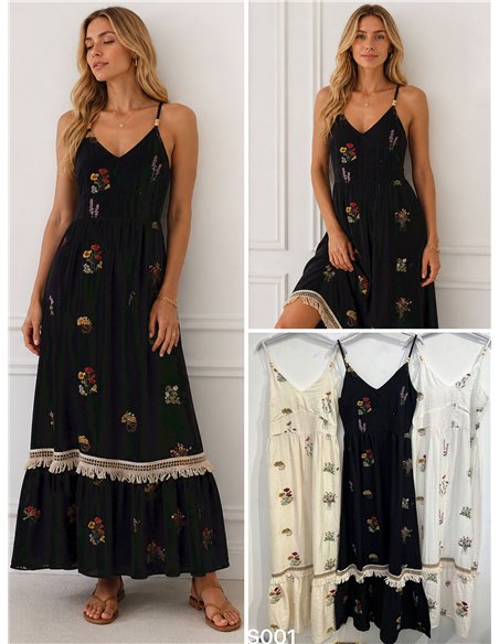 Robe longue brodée à motifs floraux effet lin avec bretelles