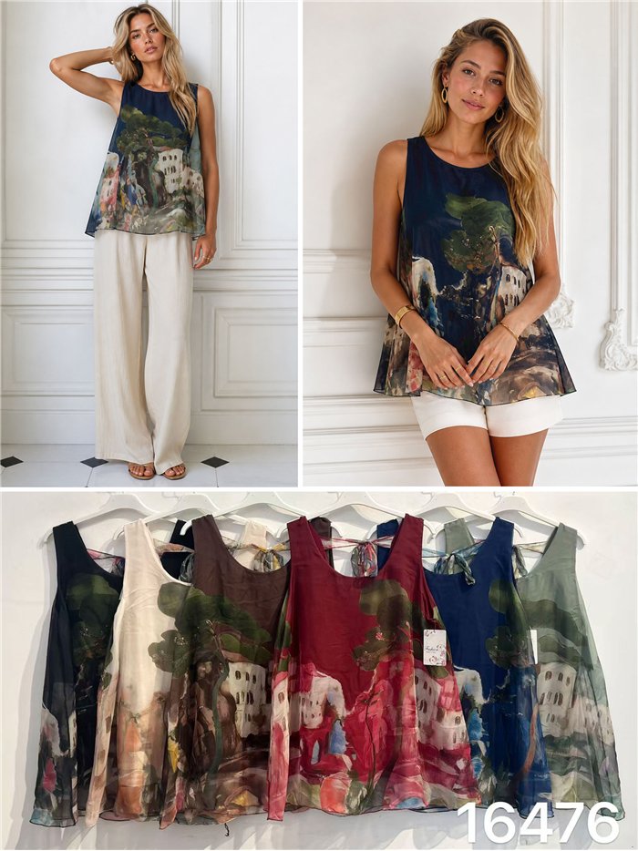 Blusa de chiffon com estampa de paisagem