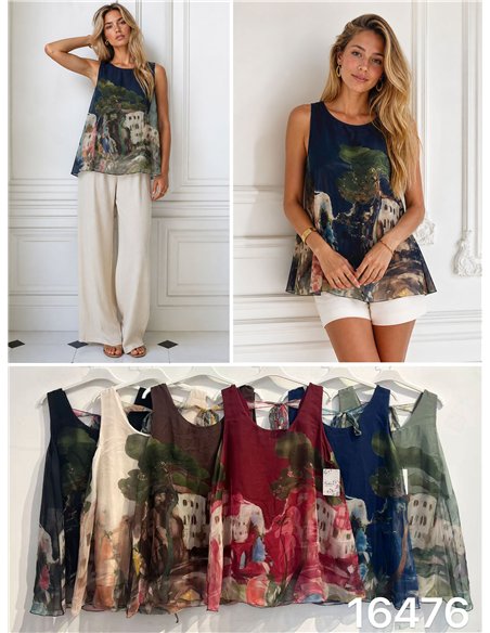 Blusa de chiffon com estampa de paisagem
