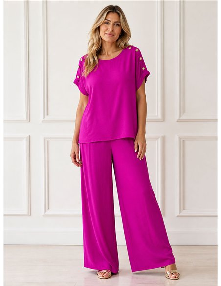 Plus size blouse with buttons and wide leg trouser set