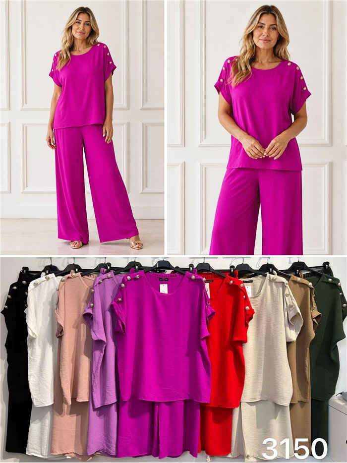 Plus size blouse with buttons and wide leg trouser set