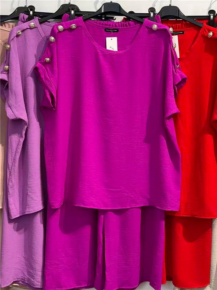Plus size blouse with buttons and wide leg trouser set