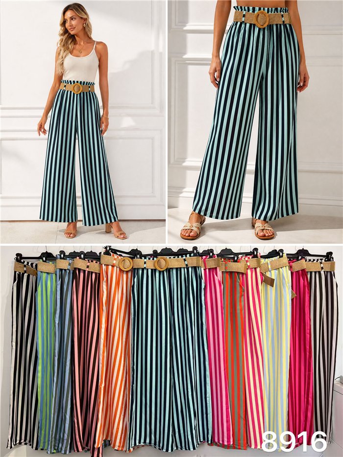 Pantalon palazzo rayé avec ceinture