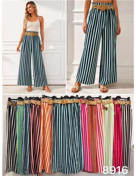 Pantalon palazzo rayé avec ceinture