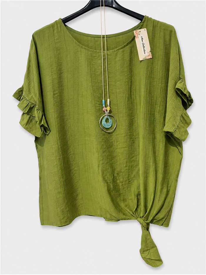 Oversized tie-front blouse with necklace