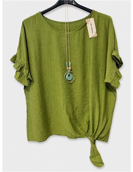 Oversized tie-front blouse with necklace