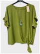 Oversized tie-front blouse with necklace