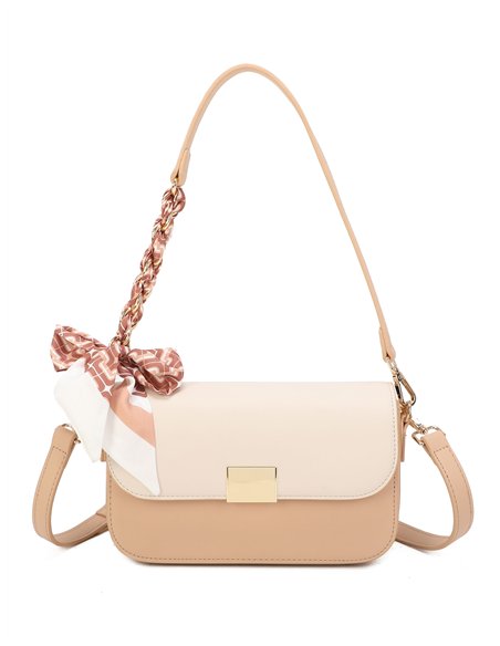 Borsa bicolore con foulard e patta