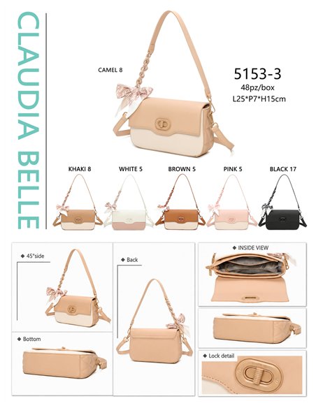 Bolsa de ombro bicolor com aba e laço.