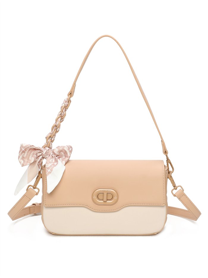 Bolsa de ombro bicolor com aba e laço.