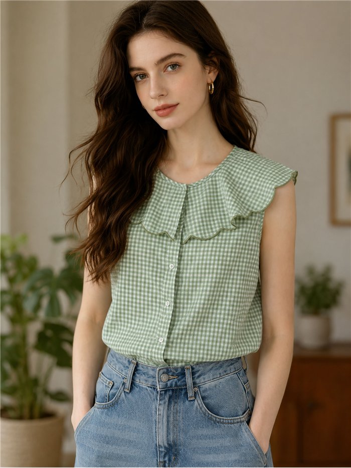 Blusa vichy sin mangas con cuello ondulado