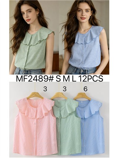 Blusa vichy sin mangas con cuello ondulado 2