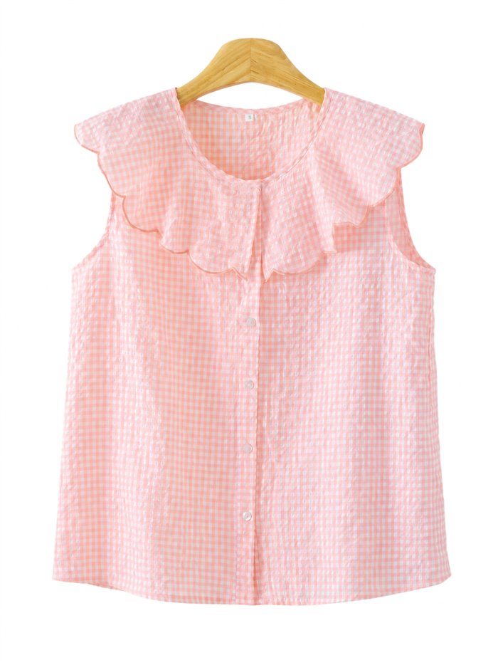 Blusa vichy sin mangas con cuello ondulado