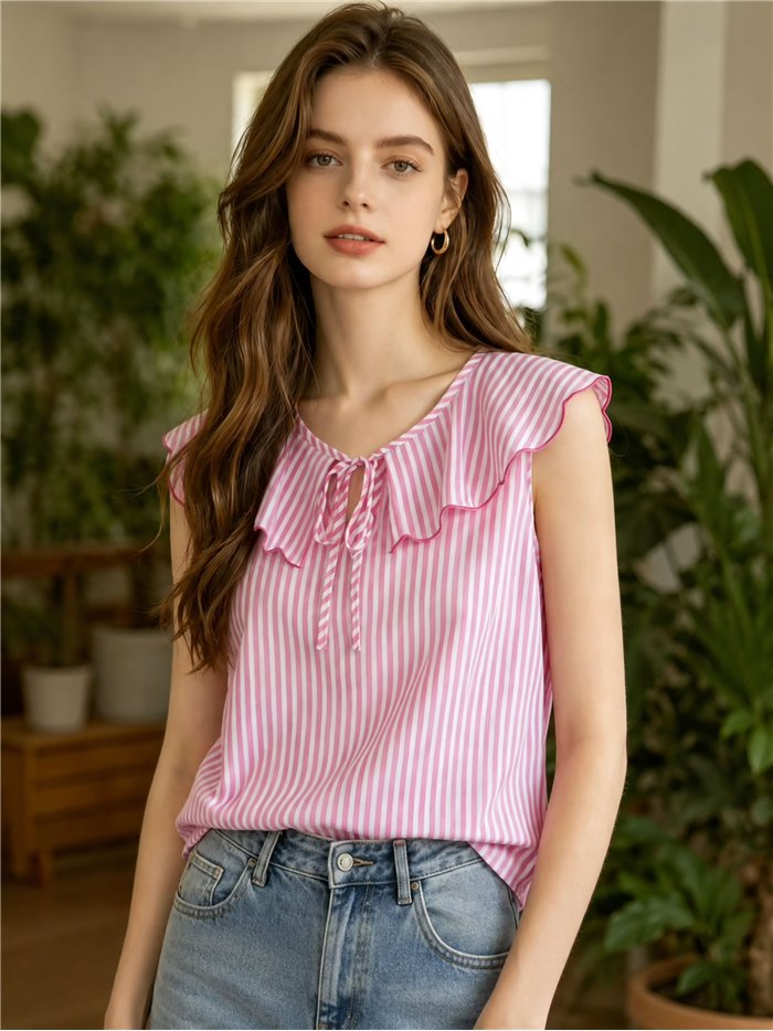 Sleeveless striped collar blouse