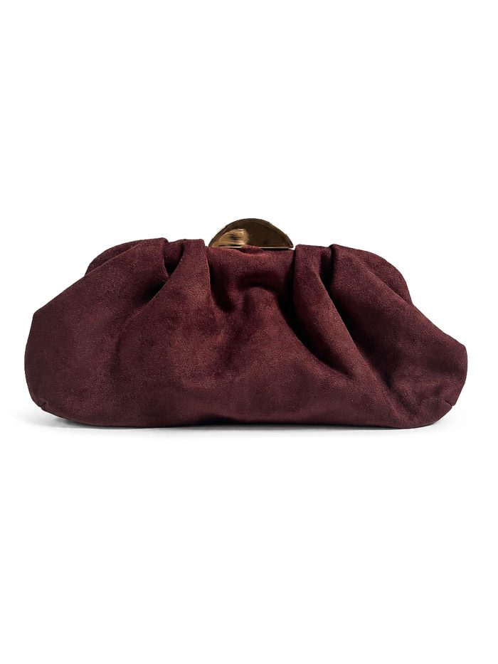 Gathered evening clutch with metallic clasp