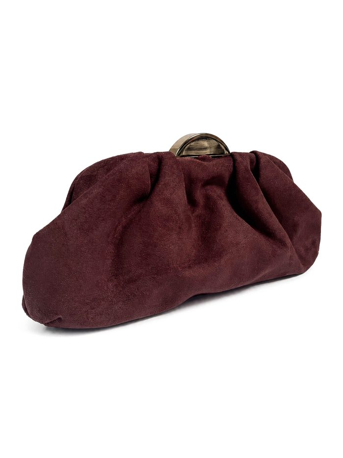 Gathered evening clutch with metallic clasp
