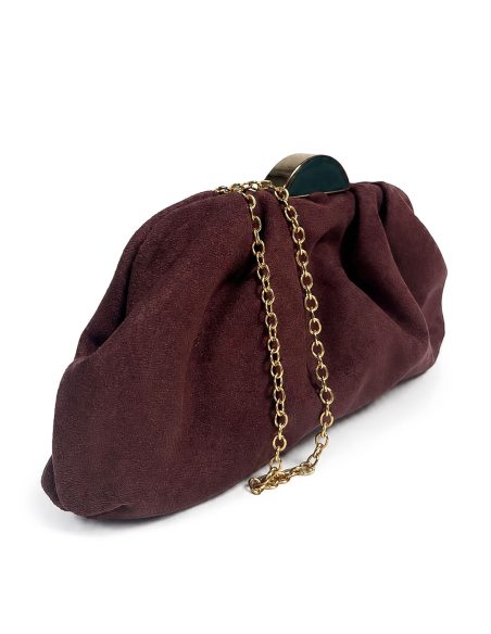 Gathered evening clutch with metallic clasp