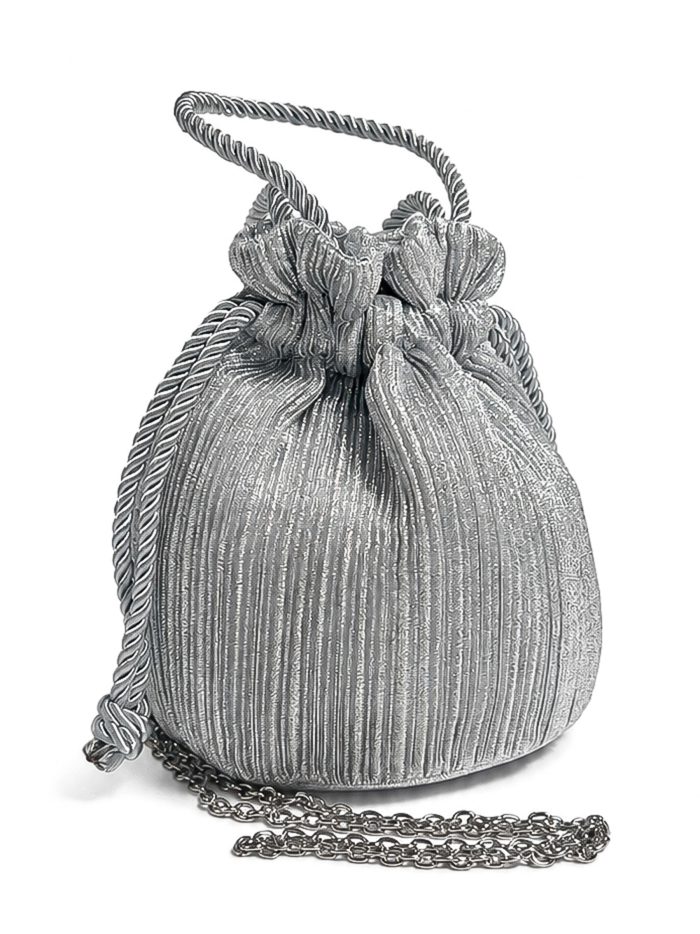 Bolsa tipo balde plissada para festas com alça de cordão
