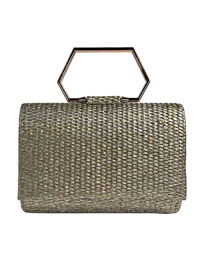 Cartera de fiesta de rafia con asa geométrica