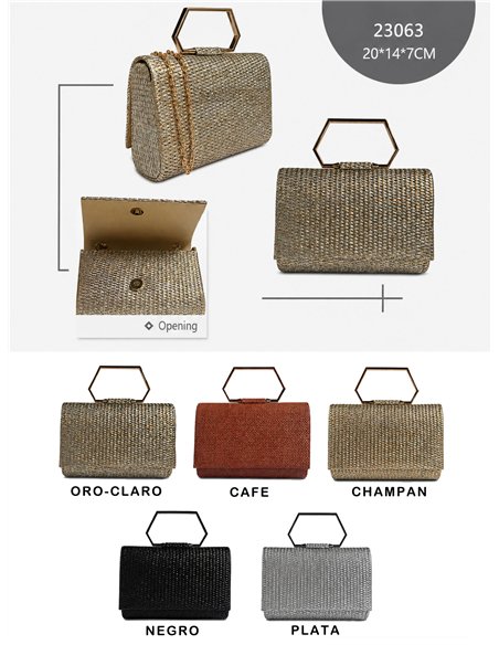 Cartera de fiesta de rafia con asa geométrica