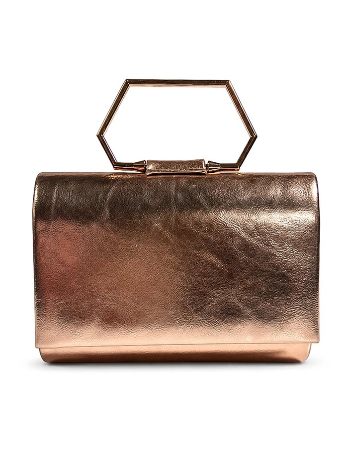 Cartera de fiesta polipiel metalizada con asa geométrica