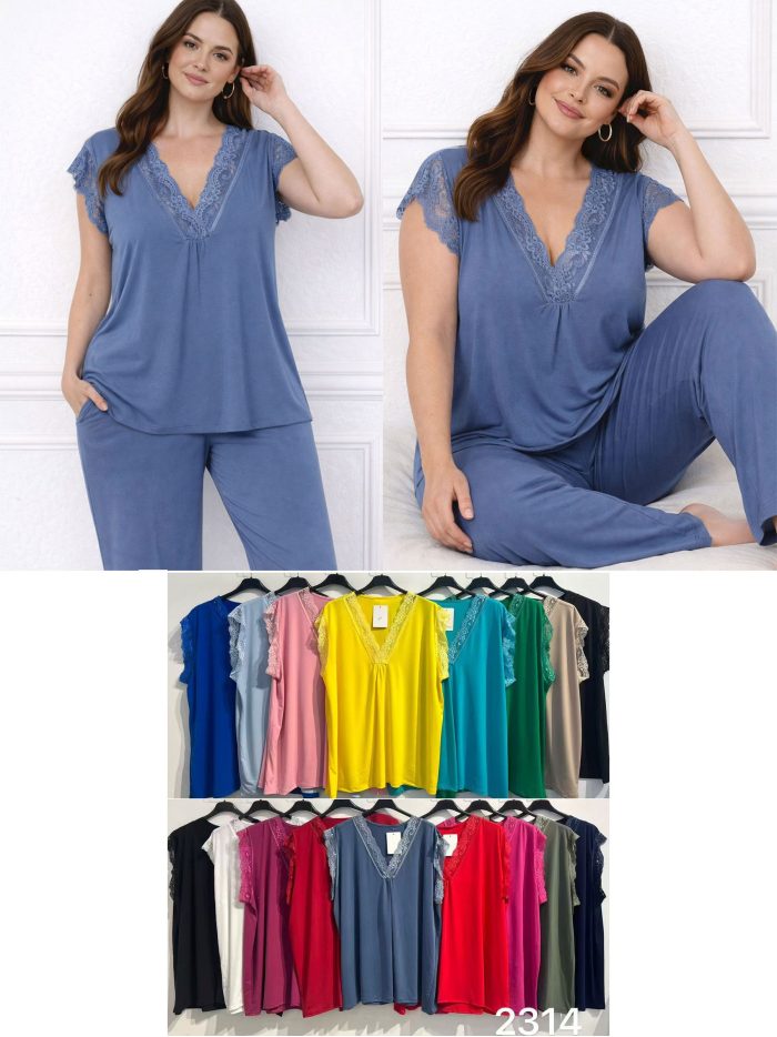 Top in lycra taglie forti con maniche e scollo in pizzo | ZD-2314