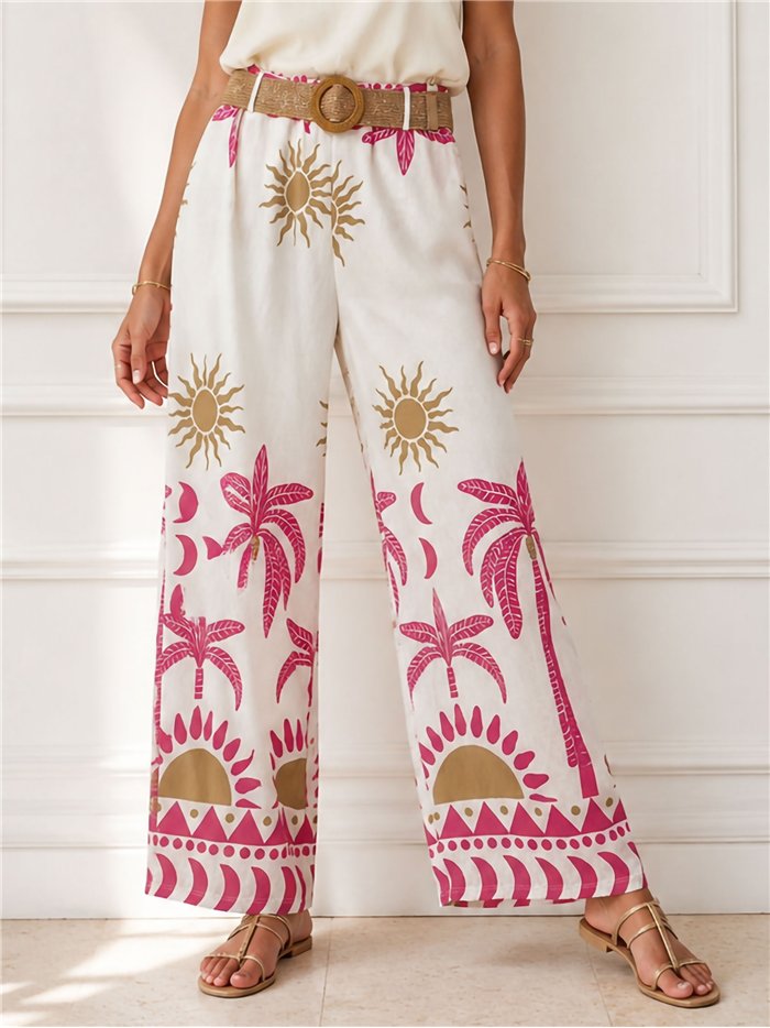 Pantaloni palazzo con stampa tropicale e cintura