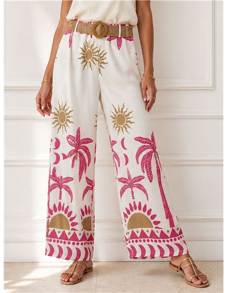Pantaloni palazzo con stampa tropicale e cintura