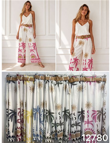 Pantaloni palazzo con stampa tropicale e cintura
