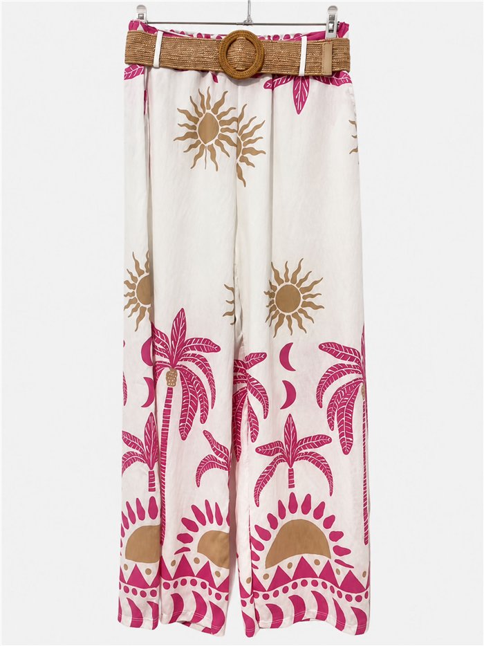 Pantaloni palazzo con stampa tropicale e cintura
