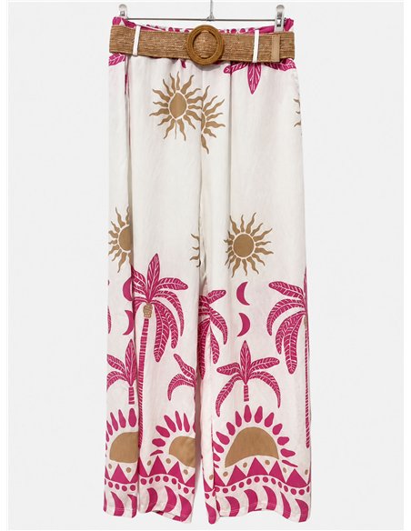 Pantaloni palazzo con stampa tropicale e cintura