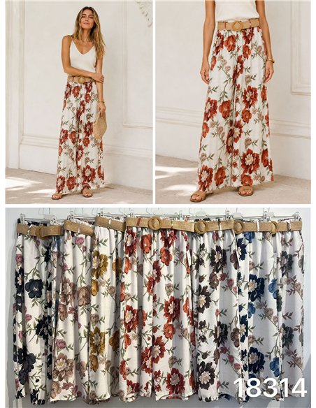 Pantaloni a gamba larga con stampa floreale e cintura