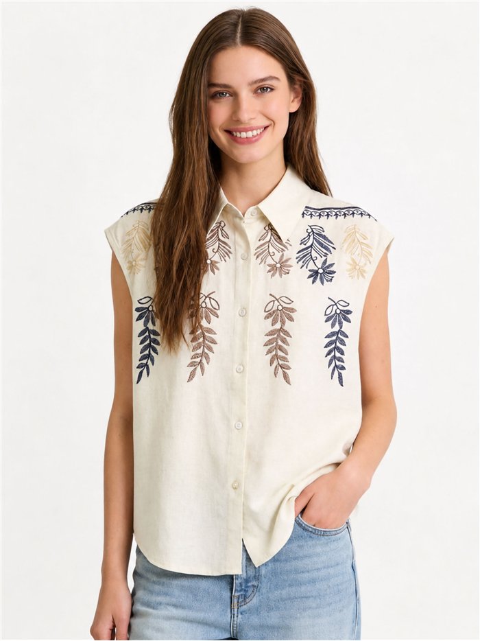 Blusa lino sin mangas bordada