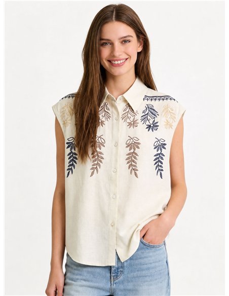 Blusa lino sin mangas bordada