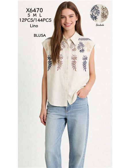 Blusa lino sin mangas bordada