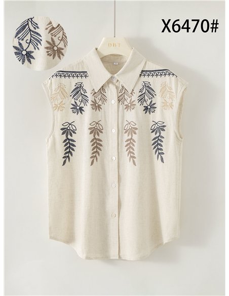 Blusa lino sin mangas bordada