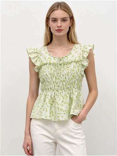 Blusa fruncida estampada cerezas con volante