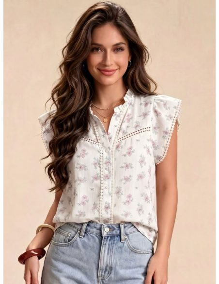 Blouse fleurie avec nœud et pompons | MF-MF36826 | Vente en gros