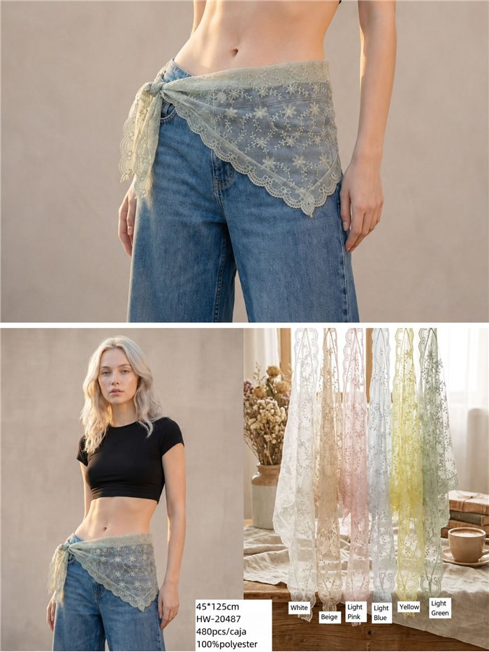Lenço triangular de tule bordado