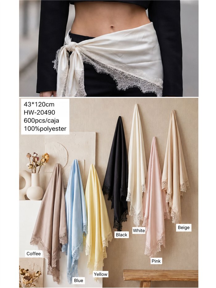 Lenço triangular de cetim com renda