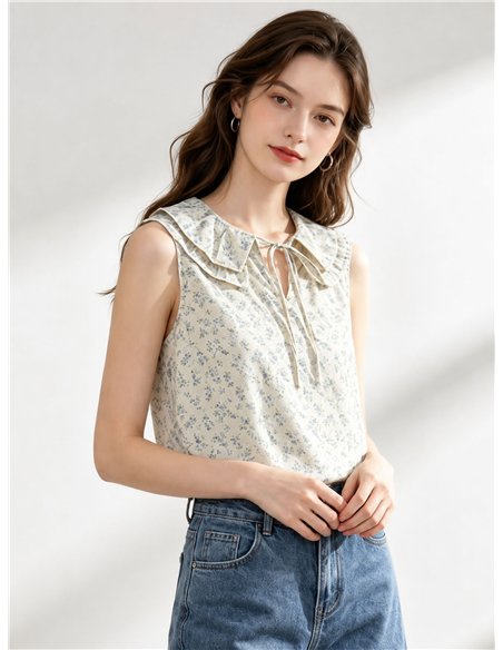 Ärmellose Bluse mit Blumenmuster und Rüschenausschnitt