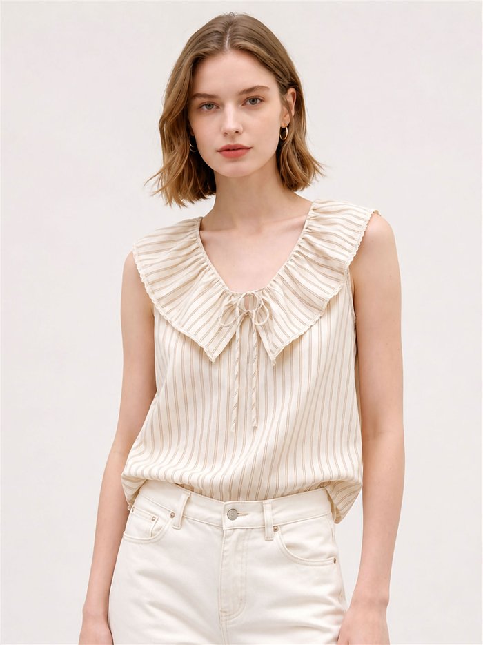 Blusa listrada sem mangas com gola franzida