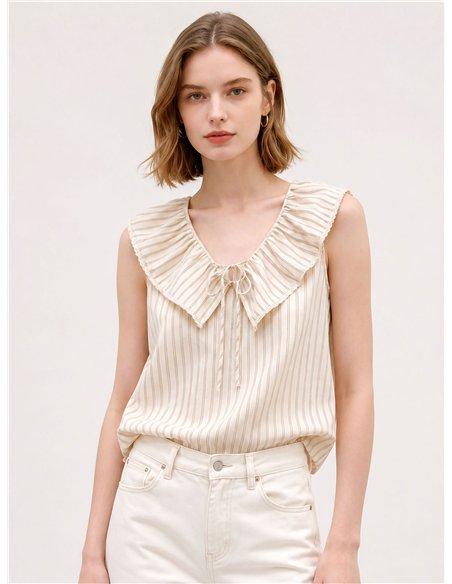 Blusa listrada sem mangas com gola franzida