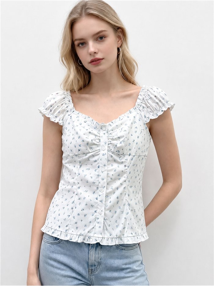 Top floral fruncido manga corta