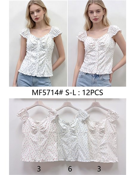 Top floral fruncido manga corta
