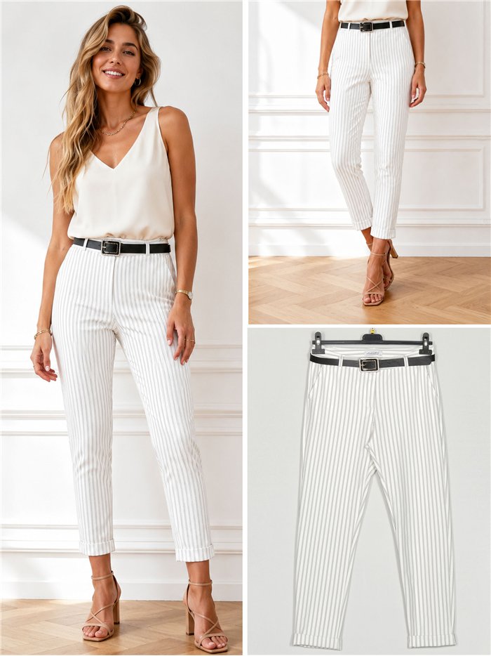 Pantalón cropped rayas finas cinturón