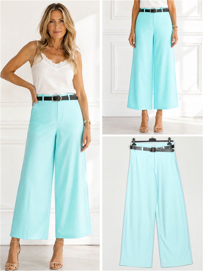Pantalón wide-leg rayas finas con cinturón