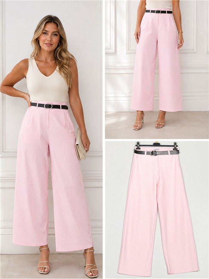 Pantalón wide-leg rayas finas con cinturón