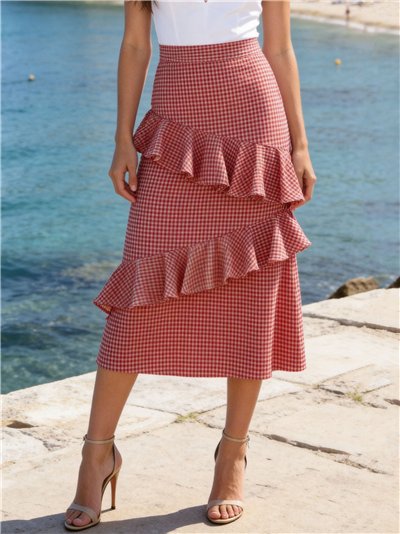 Falda midi de cuadros vichy con volantes
