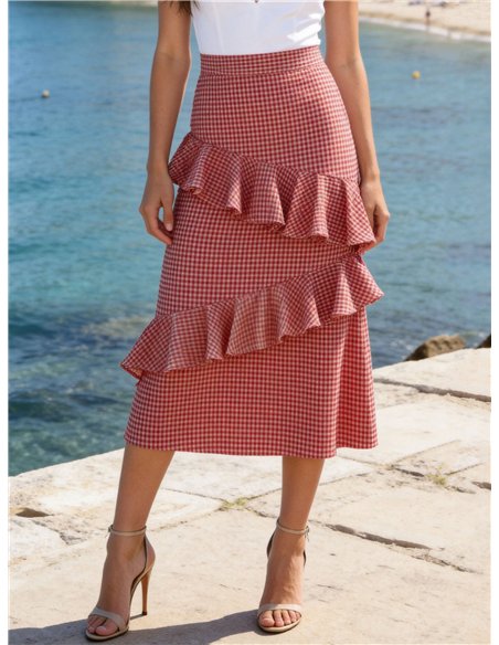 Falda midi de cuadros vichy con volantes